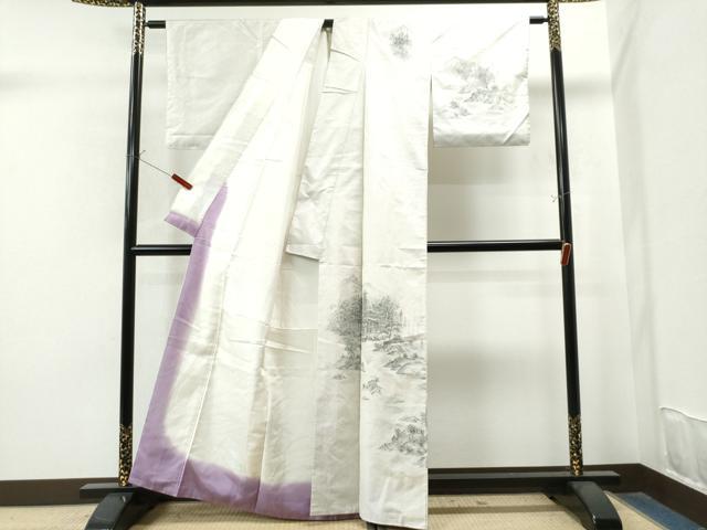 平和屋着物●訪問着 本場大島紬 白大島 7マルキ 刺繍 手描き 京風景文 正絹 逸品 CAAU1619yc