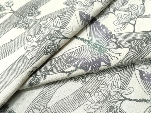 平和屋着物●上質な小紋　紬地　型染め　流水裏菊舞蝶文　正絹　逸品　CAAU1806yc