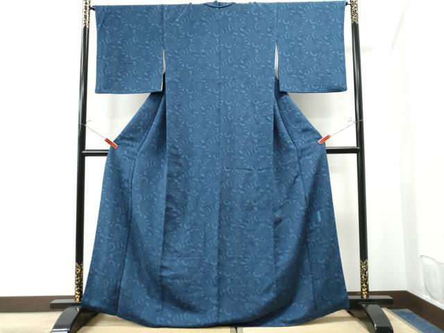 平和屋着物●重要無形文化財　人間国宝　中村勇二郎　江戸小紋　藍　型染め　菊唐草文　鬼しぼ縮緬　正絹　逸品　CAAU1820yc