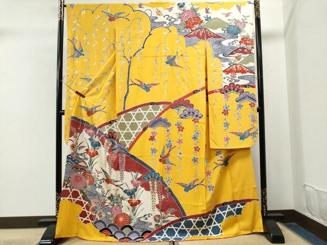 平和屋着物●豪華振袖 紅型 籬御所解花鳥文 金彩 正絹 逸品 CAAU1871yc