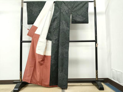 平和屋着物●上質な紬 草花文 黒地 正絹 逸品 CAAU1915yc
