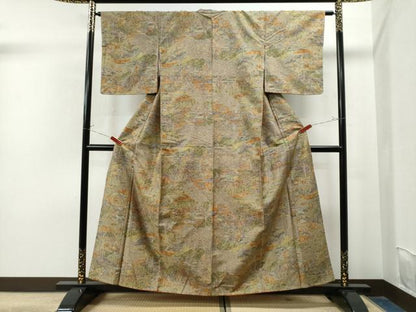 平和屋着物●上質な小紋　紬地　手描き　人物風景文　正絹　逸品　未使用　CABG0047yc