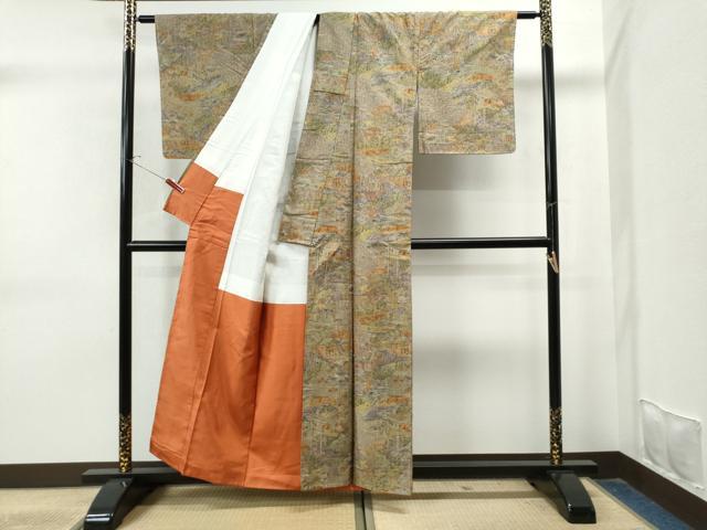 平和屋着物●上質な小紋　紬地　手描き　人物風景文　正絹　逸品　未使用　CABG0047yc