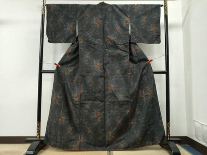 平和屋着物●上質な紬 花唐草文 黒地 正絹 逸品 未使用 CAAU1992yc
