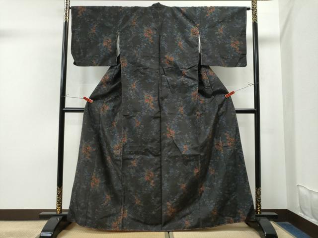 平和屋着物●上質な紬 花唐草文 黒地 正絹 逸品 未使用 CAAU1992yc