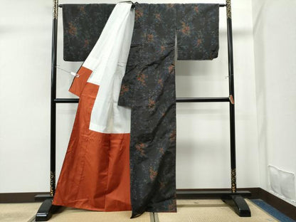 平和屋着物●上質な紬 花唐草文 黒地 正絹 逸品 未使用 CAAU1992yc