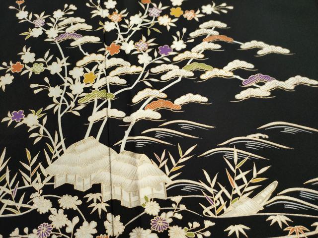 平和屋着物●訪問着 御所解松竹梅花文 黒地 金彩 正絹 逸品 CAAU2098yc