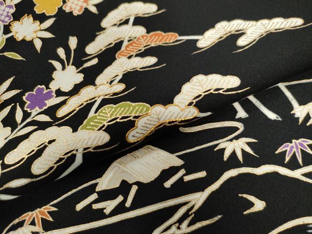 平和屋着物●訪問着 御所解松竹梅花文 黒地 金彩 正絹 逸品 CAAU2098yc