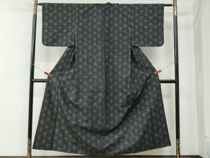 平和屋着物●上質な紬 100亀甲 麻の葉文様 黒地 正絹 逸品 CAAU2132yc