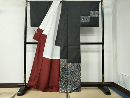 平和屋着物●訪問着　紬地　型染め　更紗草花文　黒地　正絹　逸品　未使用　CAAU2136yc