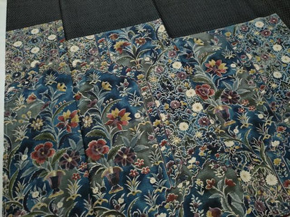 平和屋着物●訪問着　紬地　型染め　更紗草花文　黒地　正絹　逸品　未使用　CAAU2136yc