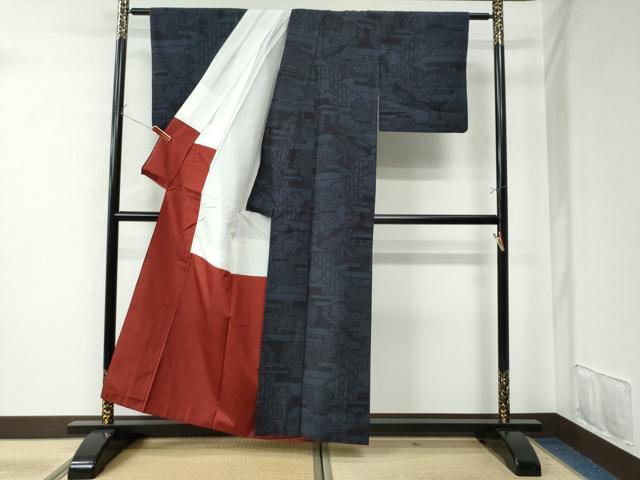 平和屋着物●結城紬　80亀甲　エ霞雪輪吉祥文　正絹　逸品　CAAU2137yc