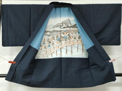 平和屋着物●男性　紬　アンサンブル　色無地　留紺色　正絹　逸品　CAAU2265yc