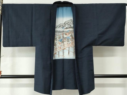 平和屋着物●男性　紬　アンサンブル　色無地　留紺色　正絹　逸品　CAAU2265yc