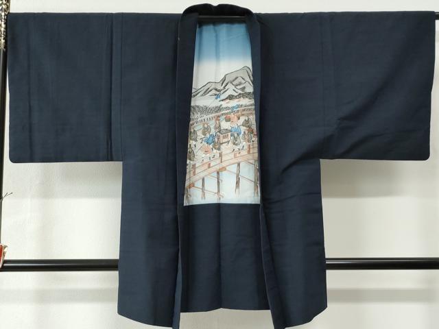 平和屋着物●男性　紬　アンサンブル　色無地　留紺色　正絹　逸品　CAAU2265yc