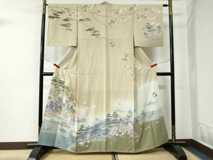 平和屋着物●高級染元　粋峰　林芳夫　京加賀友禅　訪問着　渡り橋松竹梅風景文　暈し染め　正絹　逸品　CAAU2482yc