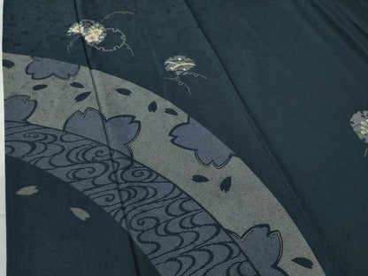 平和屋着物●訪問着 駒刺繍 雪輪流水舞桜文 紺地 金彩 正絹 逸品 CAAU2539yc