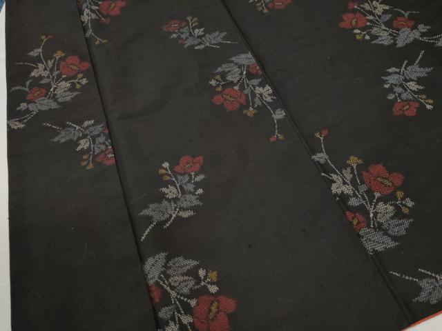 平和屋着物●上質な紬 草花文 黒地 正絹 逸品 CAAU2597yc