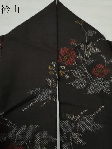 平和屋着物●上質な紬 草花文 黒地 正絹 逸品 CAAU2597yc