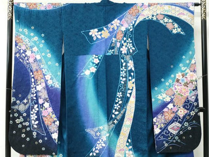 平和屋着物●豪華振袖　絞り　鬘帯吉祥花唐草文　暈し染め　金通し地　正絹　逸品　CAAU2616yc