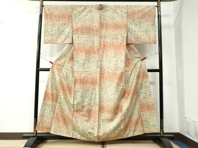平和屋着物●上質な小紋　紬地　狩猟吉祥花文　正絹　逸品　CAAU2704yc