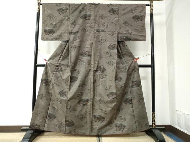 平和屋着物●本場大島紬 9マルキ 地紙重ね風景草花文 正絹 逸品 CAAU2736yc