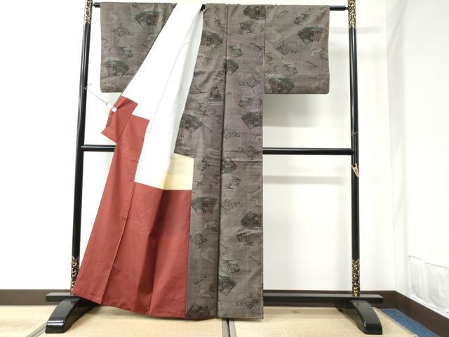 平和屋着物●本場大島紬 9マルキ 地紙重ね風景草花文 正絹 逸品 CAAU2736yc