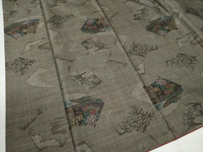 平和屋着物●本場大島紬 9マルキ 地紙重ね風景草花文 正絹 逸品 CAAU2736yc