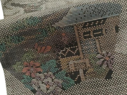平和屋着物●本場大島紬 9マルキ 地紙重ね風景草花文 正絹 逸品 CAAU2736yc