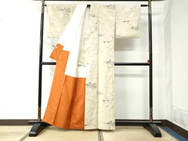 平和屋着物●上質な小紋 紬地 手描き 西洋風景文 正絹 逸品 CAAU2747yc