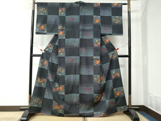 平和屋着物●上質な小紋 紬地 変わり市松更紗草花文 金彩 正絹 逸品 CAAU2785yc
