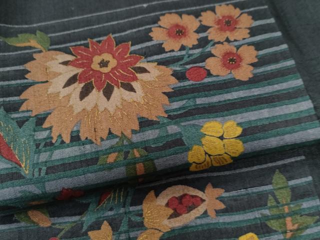平和屋着物●上質な小紋 紬地 変わり市松更紗草花文 金彩 正絹 逸品 CAAU2785yc