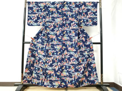 平和屋着物●上質な小紋　型染め　青海波草花文　鬼しぼ縮緬　正絹　逸品　CAAU2864yc