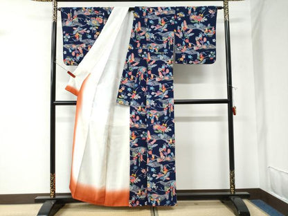 平和屋着物●上質な小紋　型染め　青海波草花文　鬼しぼ縮緬　正絹　逸品　CAAU2864yc