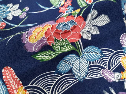 平和屋着物●上質な小紋　型染め　青海波草花文　鬼しぼ縮緬　正絹　逸品　CAAU2864yc