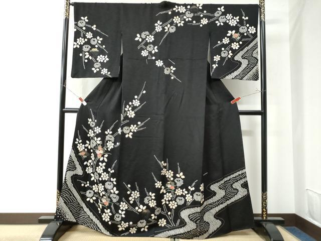 平和屋着物●訪問着 絞り 刺繍 草花文 黒地 金彩 正絹 逸品 CAAU2883yc