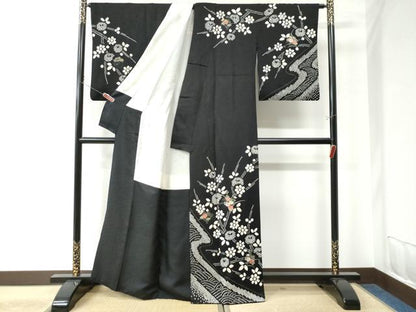 平和屋着物●訪問着 絞り 刺繍 草花文 黒地 金彩 正絹 逸品 CAAU2883yc
