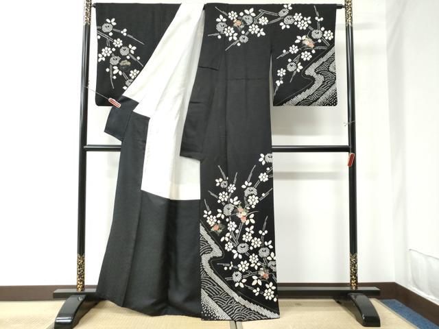 平和屋着物●訪問着 絞り 刺繍 草花文 黒地 金彩 正絹 逸品 CAAU2883yc