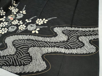平和屋着物●訪問着 絞り 刺繍 草花文 黒地 金彩 正絹 逸品 CAAU2883yc