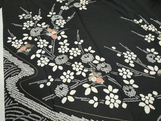平和屋着物●訪問着 絞り 刺繍 草花文 黒地 金彩 正絹 逸品 CAAU2883yc