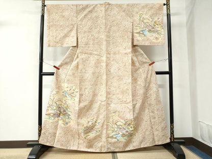 平和屋着物●訪問着 紬地 型染め 流水舟草花文 正絹 逸品 CAAU2922yc