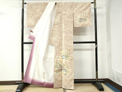 平和屋着物●訪問着 紬地 型染め 流水舟草花文 正絹 逸品 CAAU2922yc