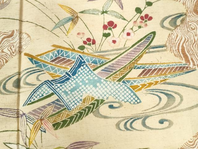 平和屋着物●訪問着 紬地 型染め 流水舟草花文 正絹 逸品 CAAU2922yc