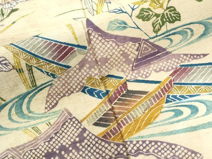 平和屋着物●訪問着 紬地 型染め 流水舟草花文 正絹 逸品 CAAU2922yc