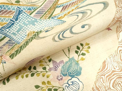 平和屋着物●訪問着 紬地 型染め 流水舟草花文 正絹 逸品 CAAU2922yc