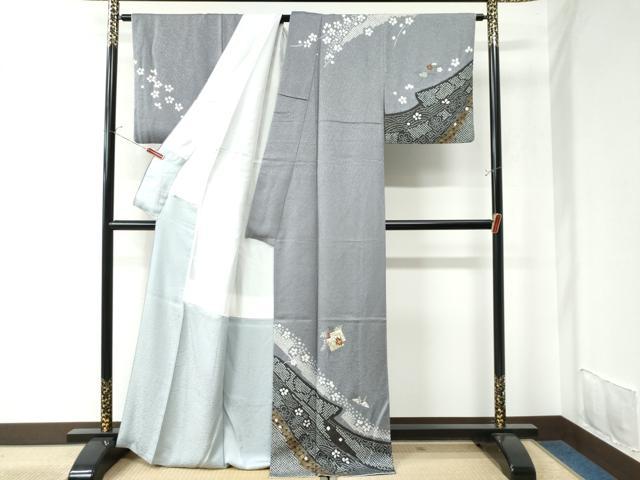 平和屋着物●訪問着　駒刺繍　絞り　源氏香　折り鶴　舞花文　銀通し地　正絹　逸品　CAAU2962yc