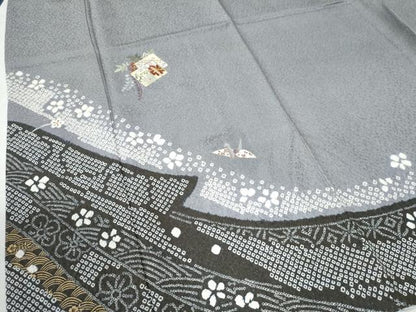 平和屋着物●訪問着　駒刺繍　絞り　源氏香　折り鶴　舞花文　銀通し地　正絹　逸品　CAAU2962yc