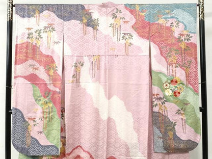 平和屋着物●豪華振袖　駒刺繍　絞り　道長流水枝垂れ草花文　ラメ糸　金彩　正絹　逸品　CAAU2982yc