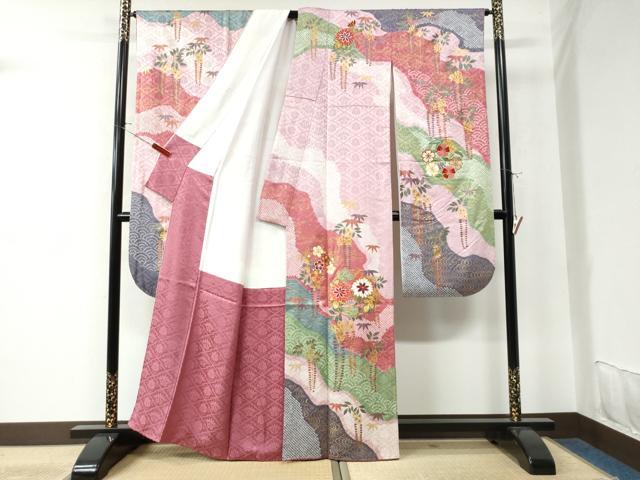平和屋着物●豪華振袖　駒刺繍　絞り　道長流水枝垂れ草花文　ラメ糸　金彩　正絹　逸品　CAAU2982yc
