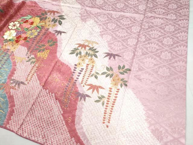 平和屋着物●豪華振袖　駒刺繍　絞り　道長流水枝垂れ草花文　ラメ糸　金彩　正絹　逸品　CAAU2982yc
